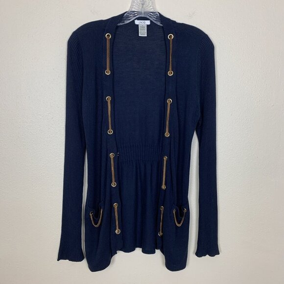 Cache Womens M Cardigan Sweater Navy Blue Gold Chain Nautical Quiet Luxury Knit - Picture 14 of 16